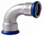 Stainless steel Airenergy Dev 90° radius elbow fitting, 1.5D diameter, for use in plumbing or industrial piping systems.