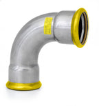 Metal pipe fitting with yellow and black details on a white background