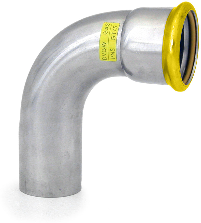 Metal pipe elbow with yellow fitting on a white background