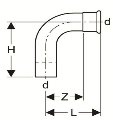 Technical drawing of a 90-degree elbow pipe fitting with dimensions labeled.