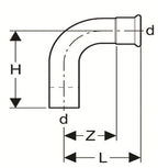 Technical drawing of a 90-degree elbow pipe fitting with dimensions labeled.