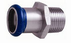 Metal pipe fitting with blue and silver colors on a white background