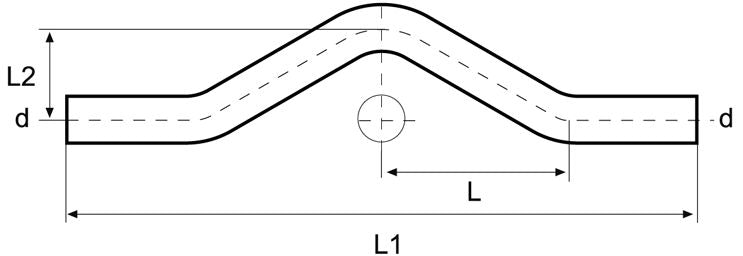 Technical drawing of a curved bar with labeled dimensions