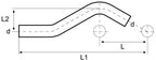 Technical drawing of a pipe bend with dimensions labeled