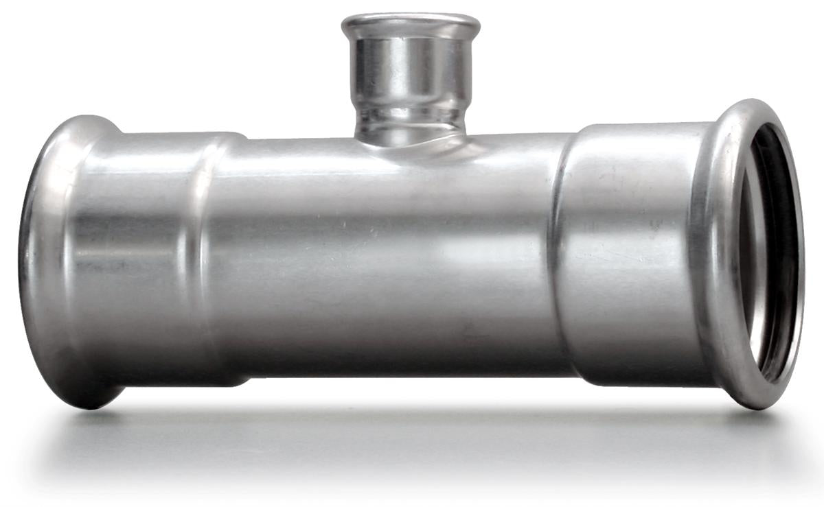 Stainless steel pipe fitting on a white background
