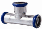 Metal plumbing tee fitting with blue compression rings on a white background