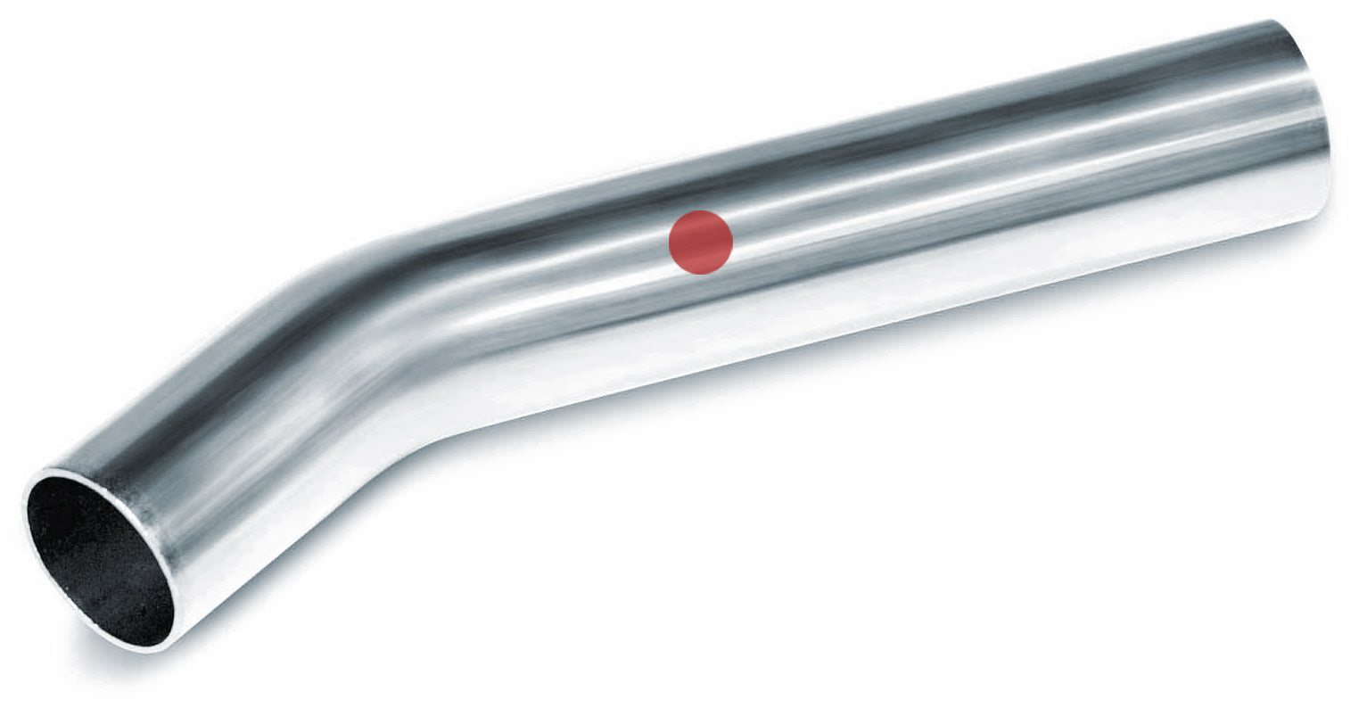 Metallic exhaust pipe with a red dot on a white background