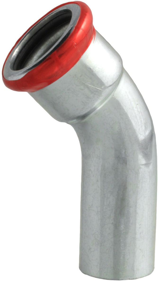 Metal pipe fitting with red rim on a white background