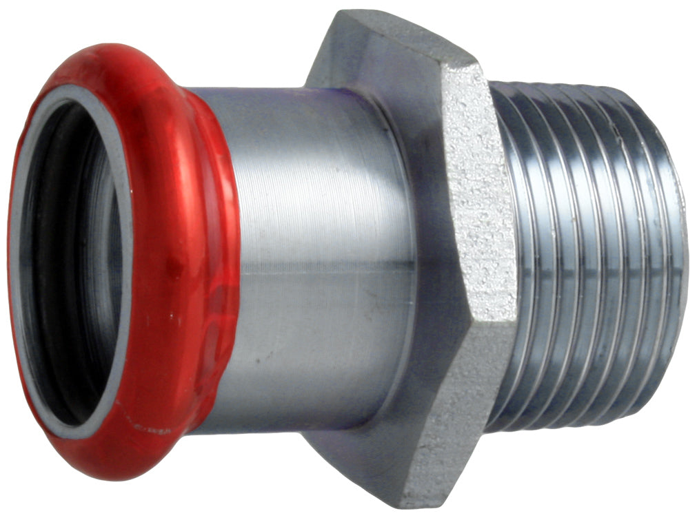 Metal fitting with red and silver design on a white background