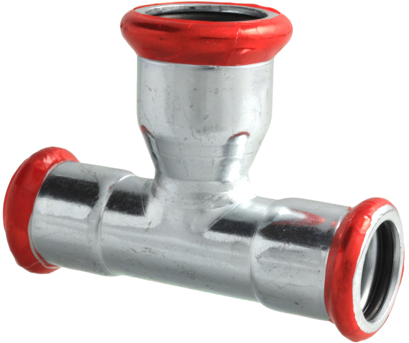 Metal pipe fitting with red compression rings on a white background