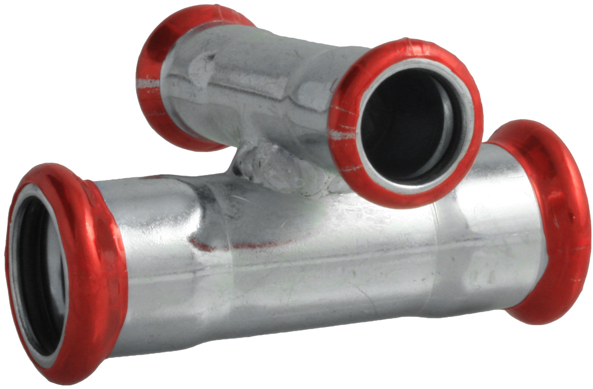 Metal pipe fitting with red insulation on a white background