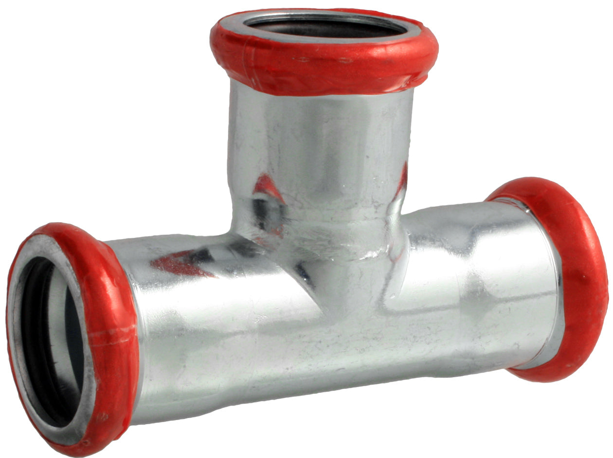 Metal plumbing fitting with red insulation on a white background