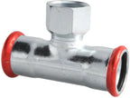 Metal plumbing fitting with red compression sleeves on a white background