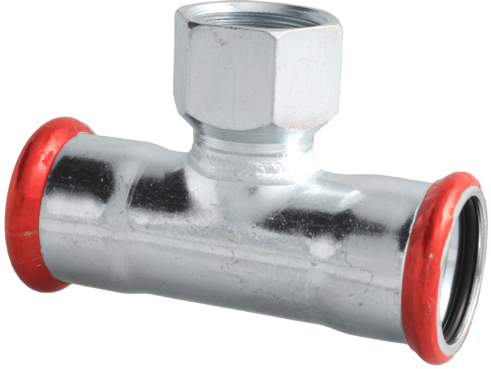 Metal plumbing fitting with red compression sleeves on a white background