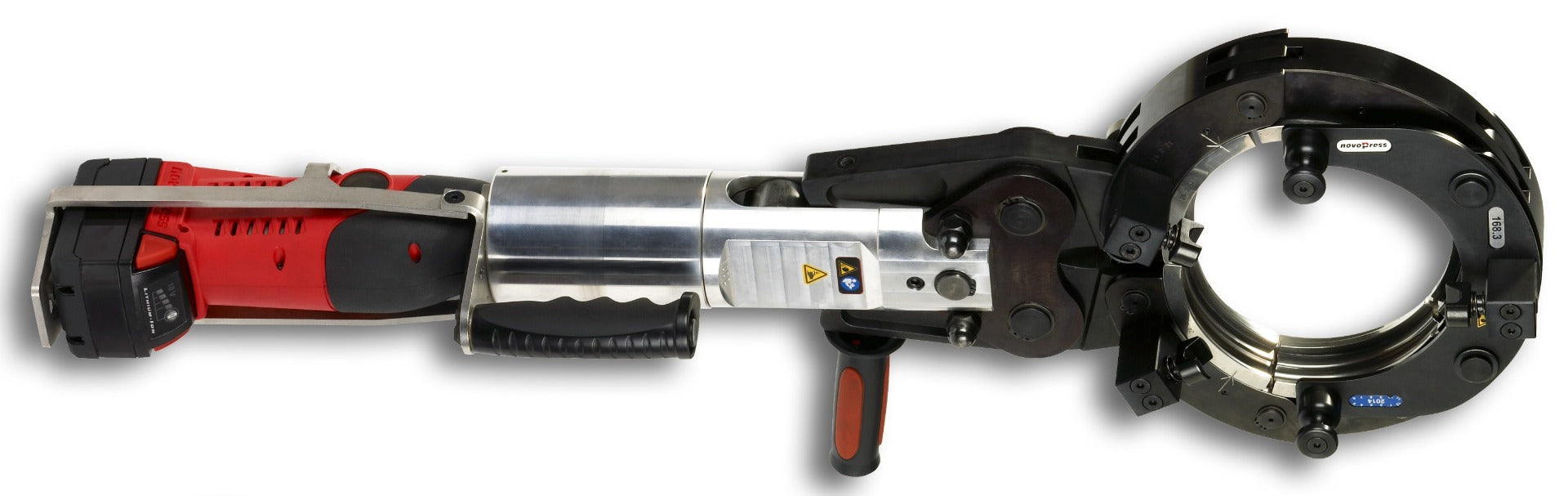 Cable cutter tool with red and black handle on a white background