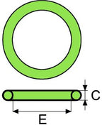 Green metal washer with dimensions labeled E and C on a white background