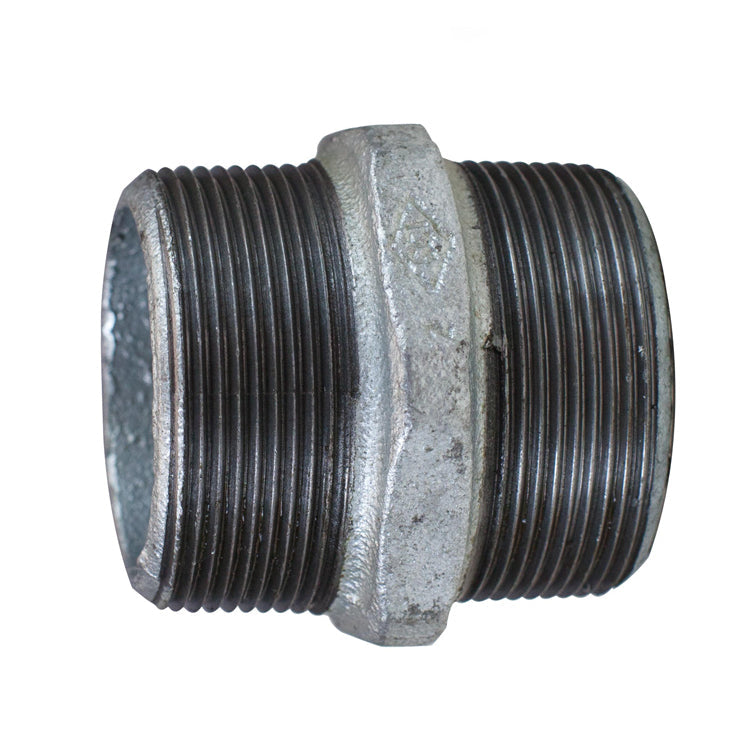 Metal pipe fitting with threaded ends on a white background