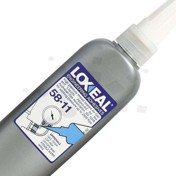 Bottle of LOX-EAL adhesives with a label on a white background