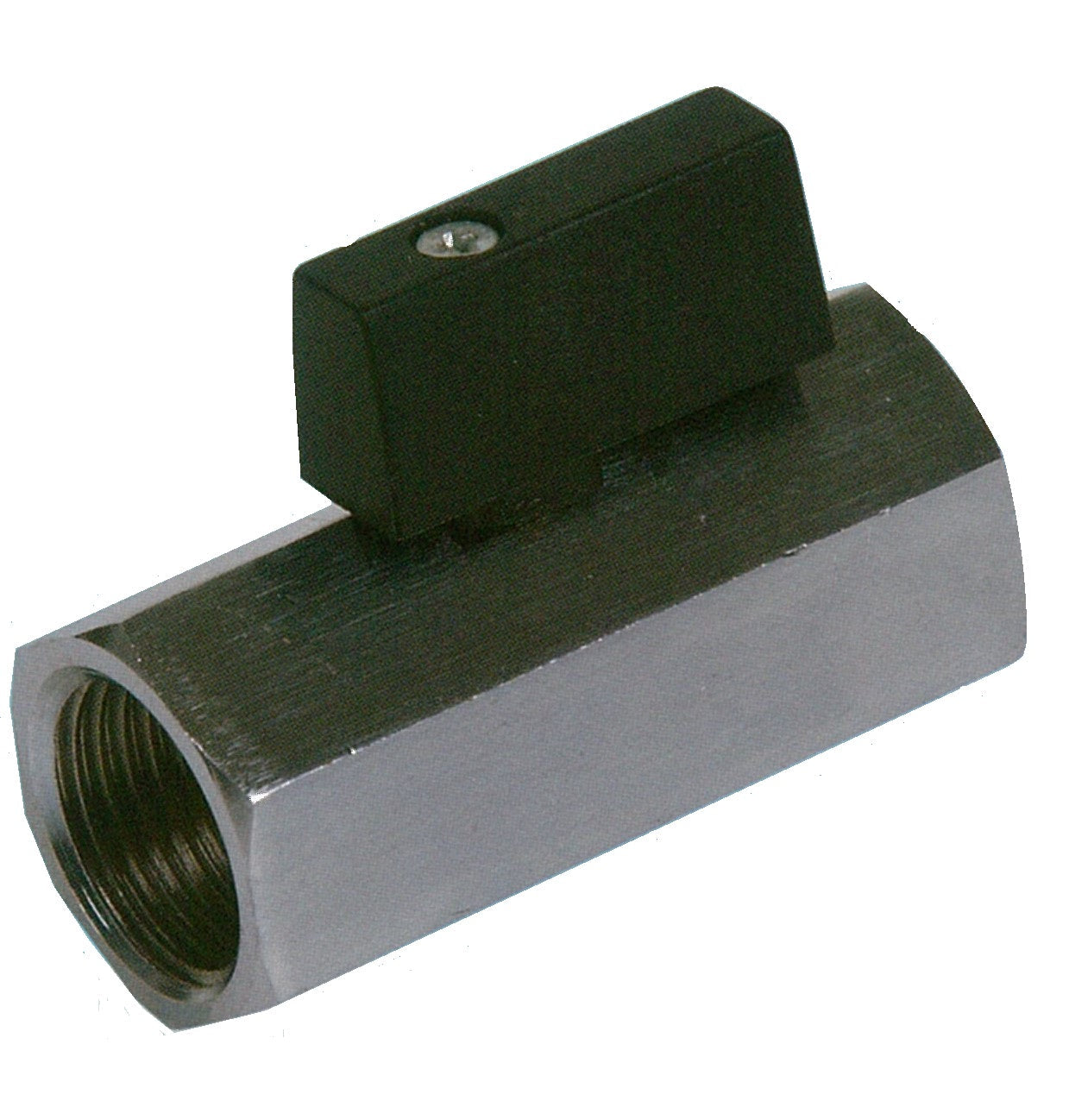 Metal valve with black handle on a white background