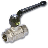 Ball valve with brass body and black handle on a white background