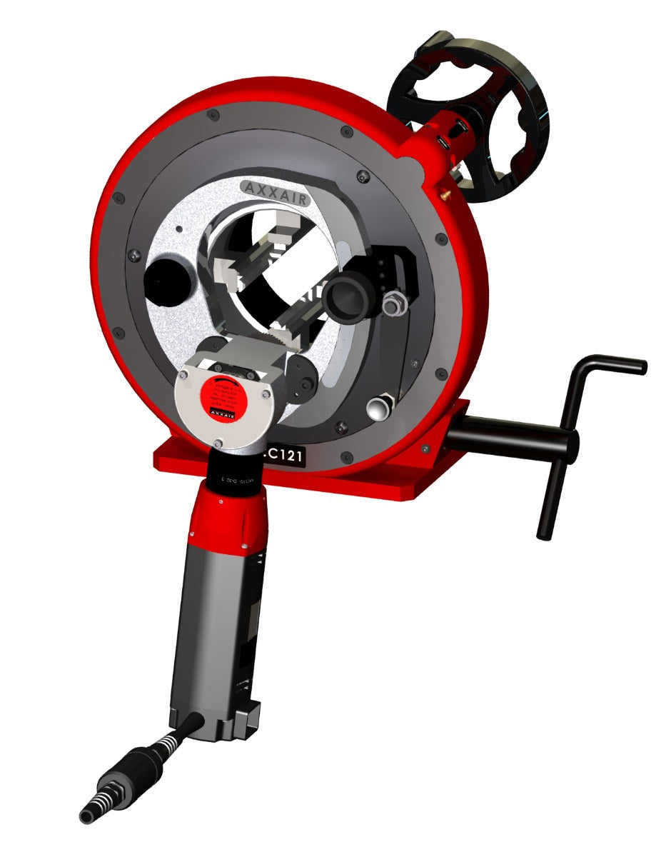 Red and gray mechanical device with a black handle on a white background