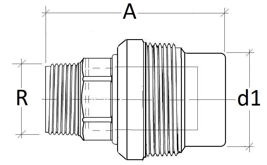 Airenergy Dev male fitting adaptor showing threaded connections for plumbing or piping applications.