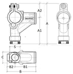 Technical drawing of a mechanical component with dimensions and labels