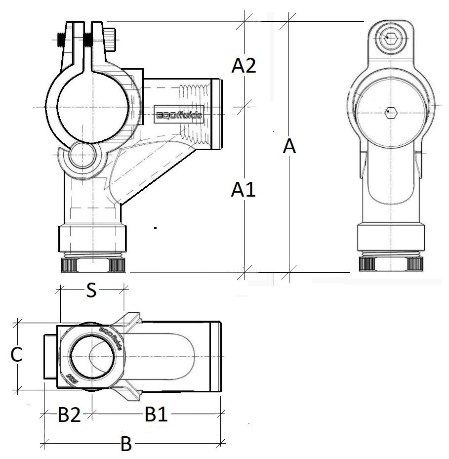 Technical drawing of a mechanical component with dimensions and labels