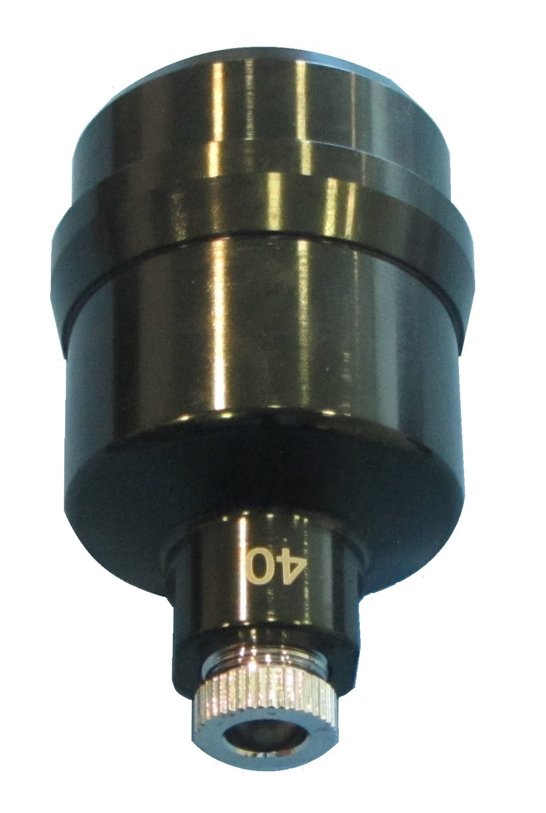 Metal cylindrical  plumbing component with threaded end on a white background