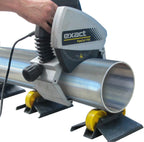 Portable Electric Pipe Cutter by Airenergy Dev, mounted on pipe for precise square cutting of stainless steel and PE pipes.