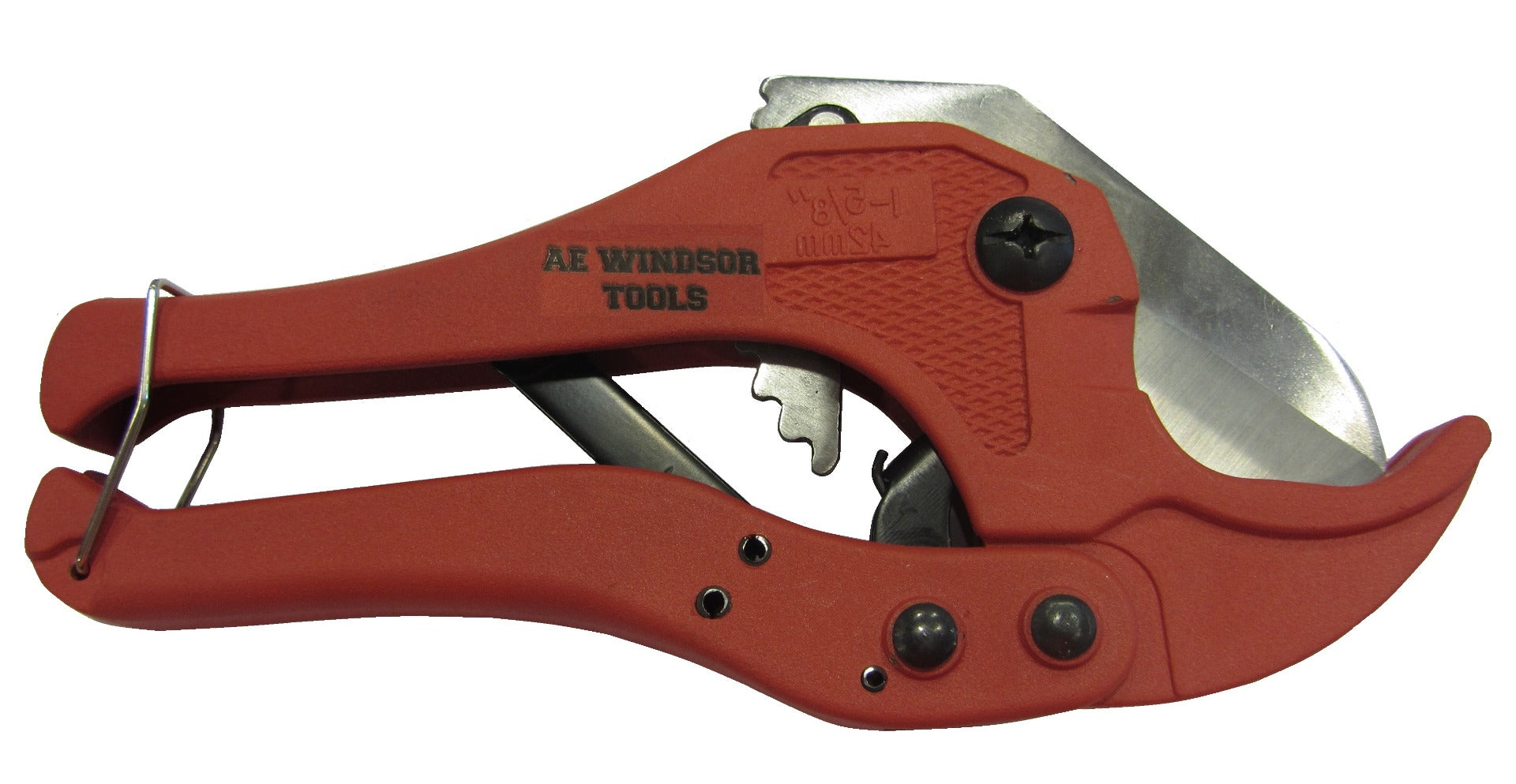 Red pipe cutter with silver blade on a white background