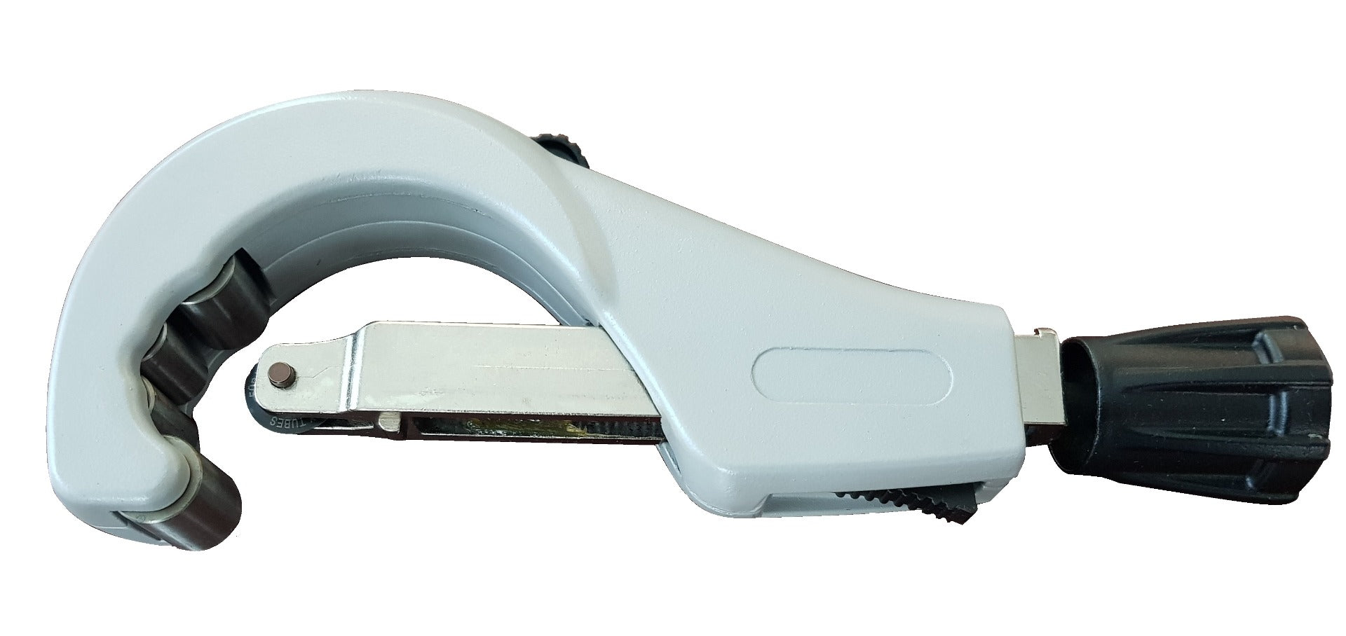 White pipe cutter with black handles on a white background