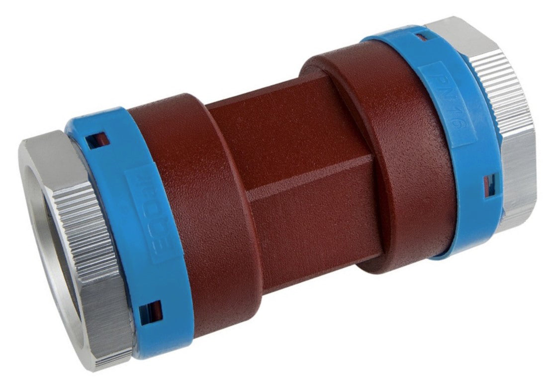 Plumbing fitting with brown body, blue and silver accents on a white background