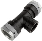 Black and gray plastic pipe fitting on a white background
