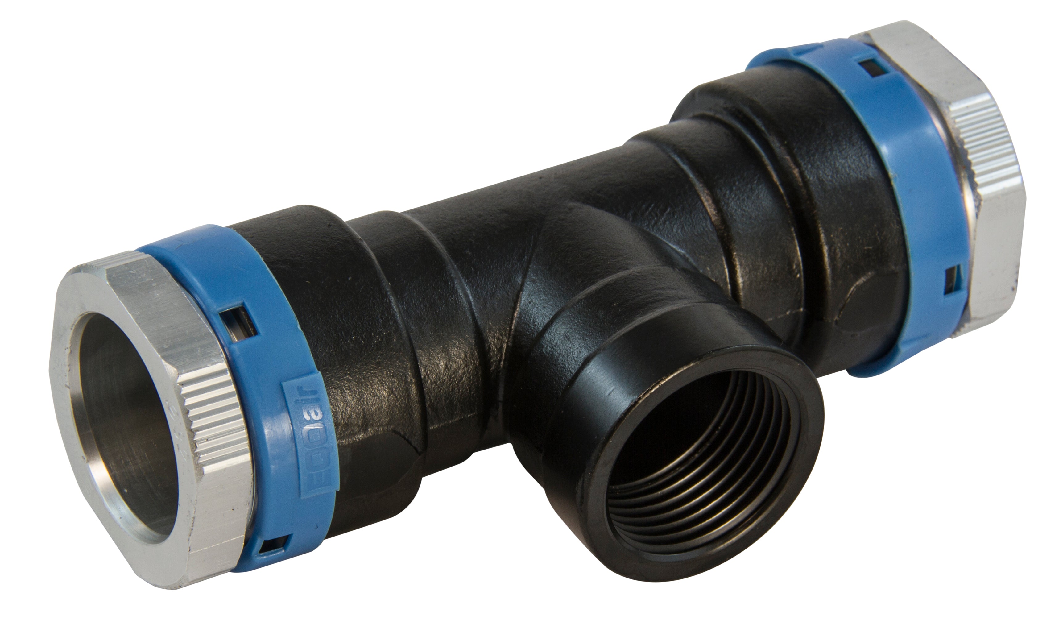 Black and blue plumbing fitting on a white background