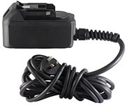 Black power adapter with coiled cable on a white background