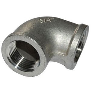 Stainless steel F & F elbow fitting from Europress Aus, showing a smooth, curved pipe connector for plumbing installations.
