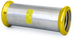 Metallic cylindrical component with yellow ends and a label on a white background