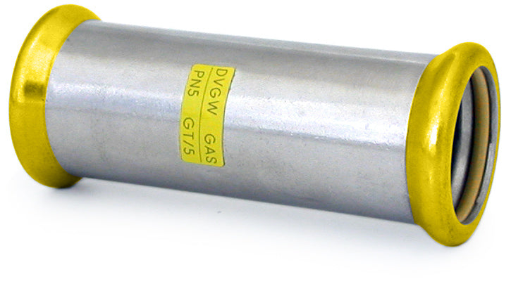 Metallic cylindrical component with yellow ends and a label on a white background