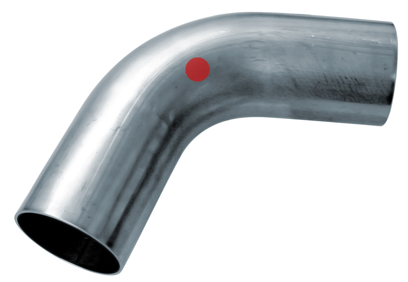 Metal elbow pipe with a red dot on a white background