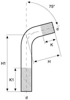 Technical drawing of a curved component with dimensions labeled