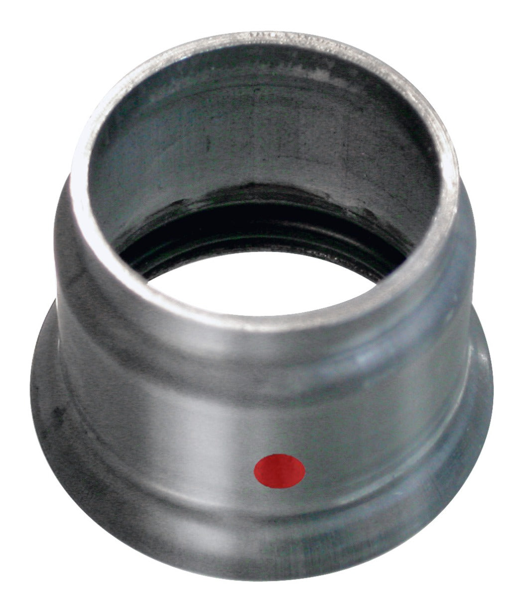 Metallic cylindrical component with a red dot on a white background