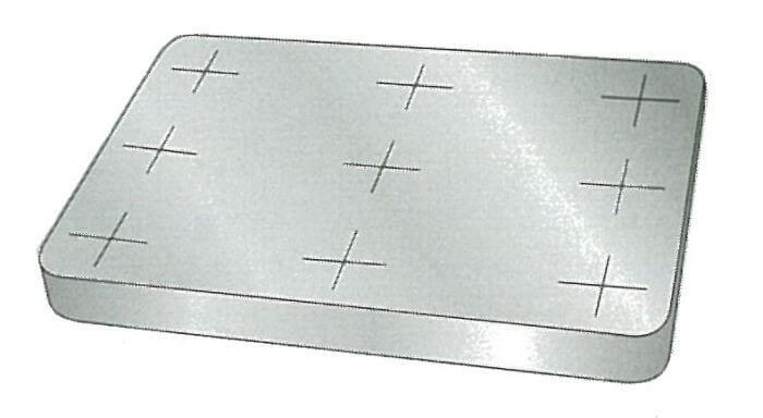 Metallic rectangular sheet with crosshairs on a white background