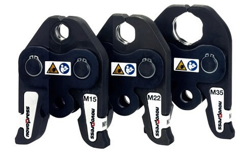 Three black carabiners with labels and measurements on a white background