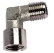 Nickel-plated brass M&F elbow fitting by Europress, showing a close-up of the smooth, shiny elbow connector for plumbing applications.