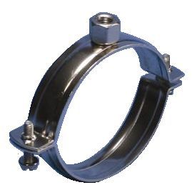 Metal pipe clamp with bolts on a white background