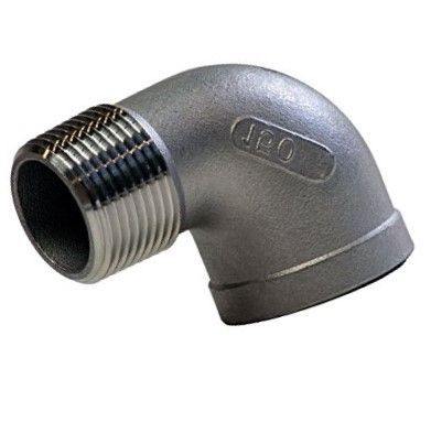 Stainless steel M and F elbow fitting by Europress, showcasing a smooth, shiny pipe connector for plumbing applications.